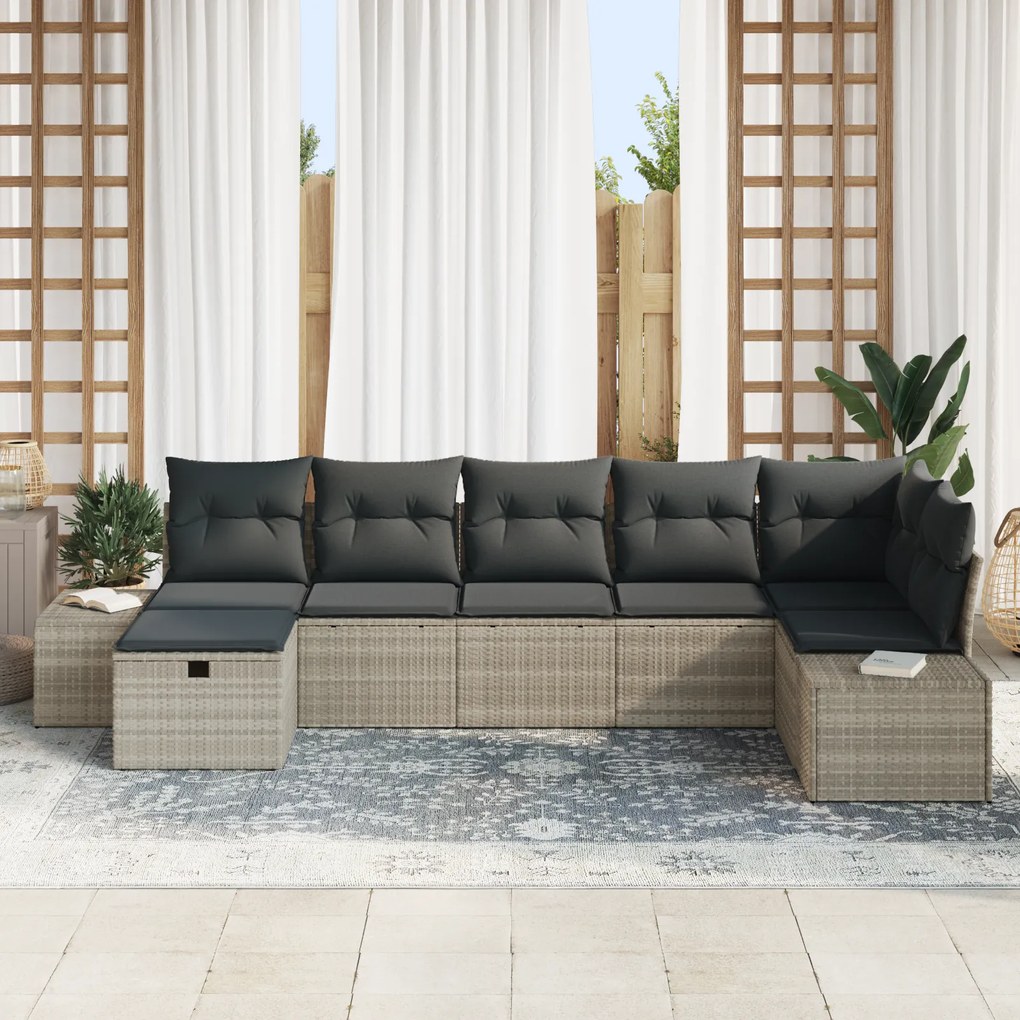 Conjunto de Sofá de Jardim de 7 Peças com Almofadas Cinza Claro Vime P
