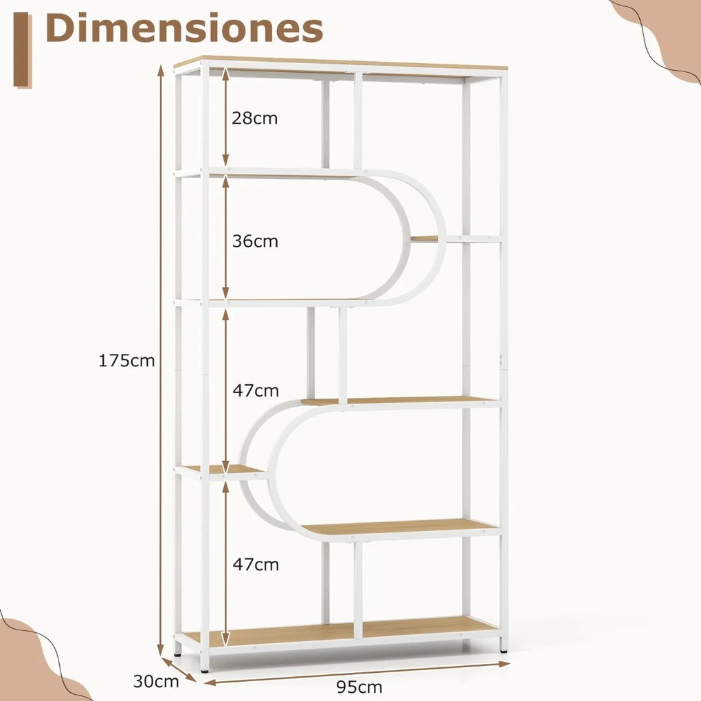 Estante de 8 prateleiras abertas 95 x 30 x 175 cm Design em forma de U Estrutura metálica natural e branco