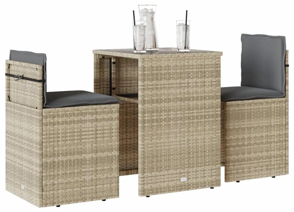 3 pcs conjunto bistrô com almofadões vime PE cinzento claro