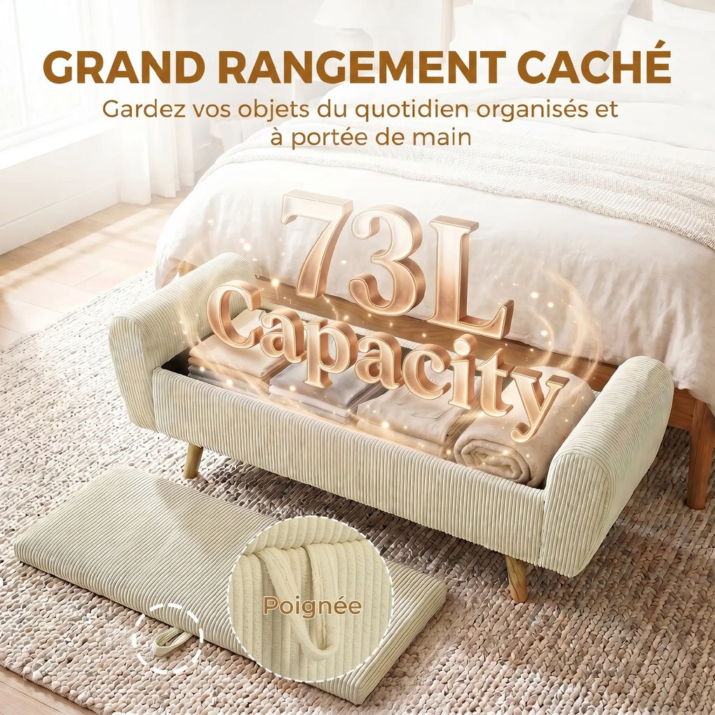 Banco com espaço de arrumação de 73 L, 150 x 45 x 51 cm baú de arrumação almofadado em veludo canelado com braços e pés em madeira de seringueira, beg
