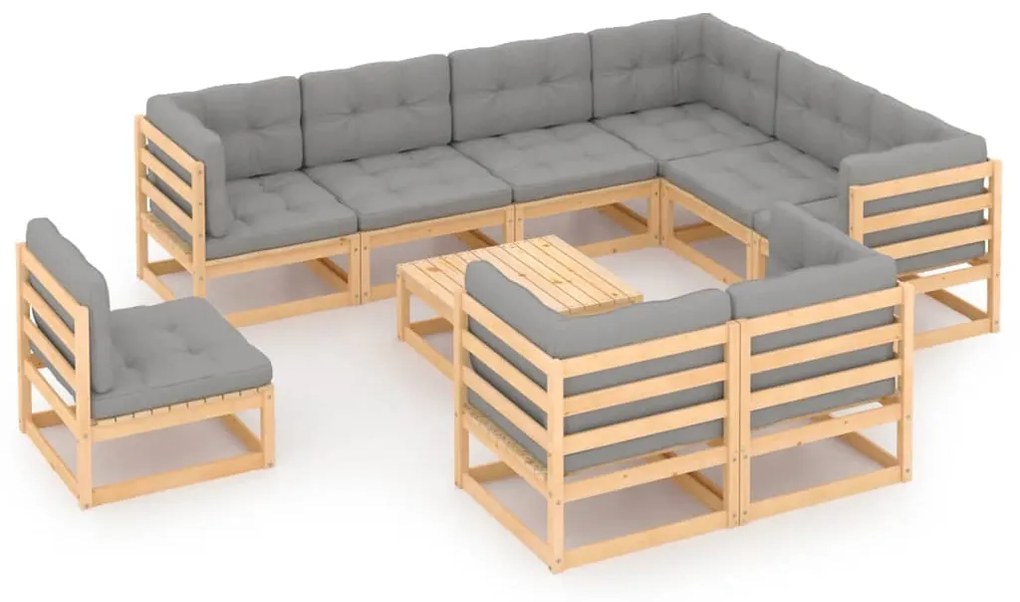 10 pcs conjunto lounge de jardim com almofadões pinho maciço