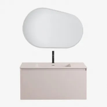 Conjunto De Móvel De Casa De Banho Suspenso Em Madeira Com Lavatório Integrado Macrae Crema Linho & Oval Led E Anti-embaciamento 100x80 Cm Riben & Pre