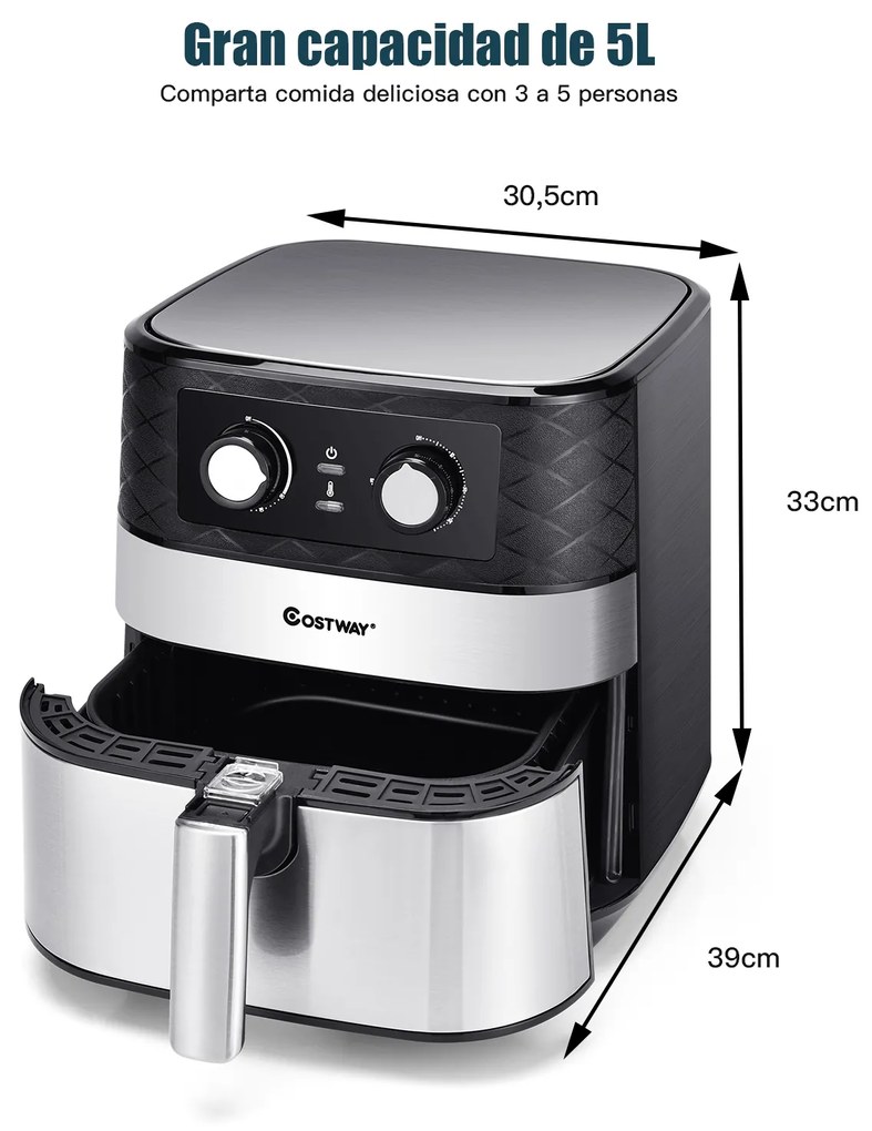 Fritadeira eléctrica a Ar Sem Óleo de 5 L 1700 W com temporizador e cesto de controlo de temperatura sem colar 30,5 x 39 x 33 cm Preto