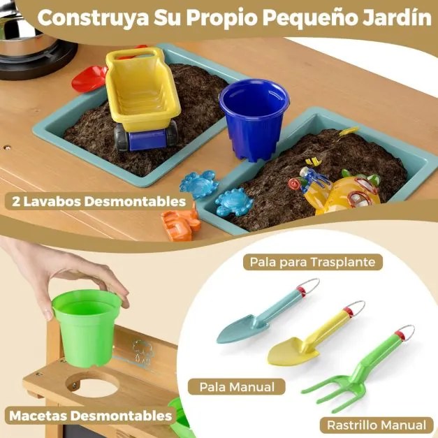 Cozinha de brincar para crianças de madeira 79 x 32 x 95 cm para exterior com torneira Pias removíveis Quadro negro Placas de cozedura natural