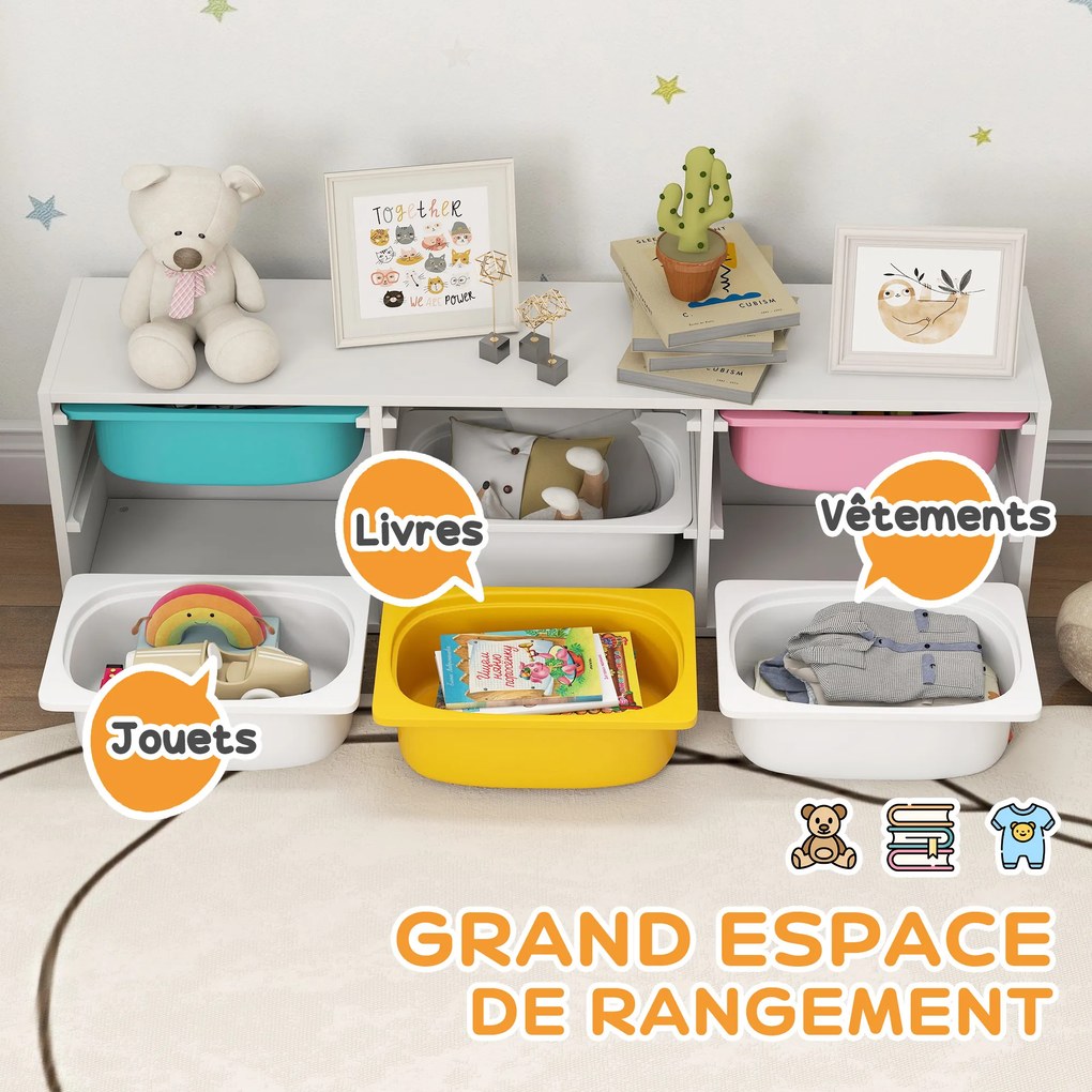 Móvel de Arrumação Infantil, 97 x 21 x 29 cm, 2 Níveis com 6 Caixas Amovíveis, Branco