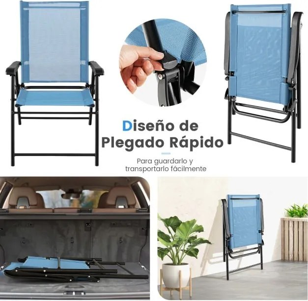 Conjunto de 2 cadeiras de jardim dobráveis Cadeiras portáteis com encosto em tecido Estrutura metálica para piscina Terraço 65 x 60 x 93 cm Azul
