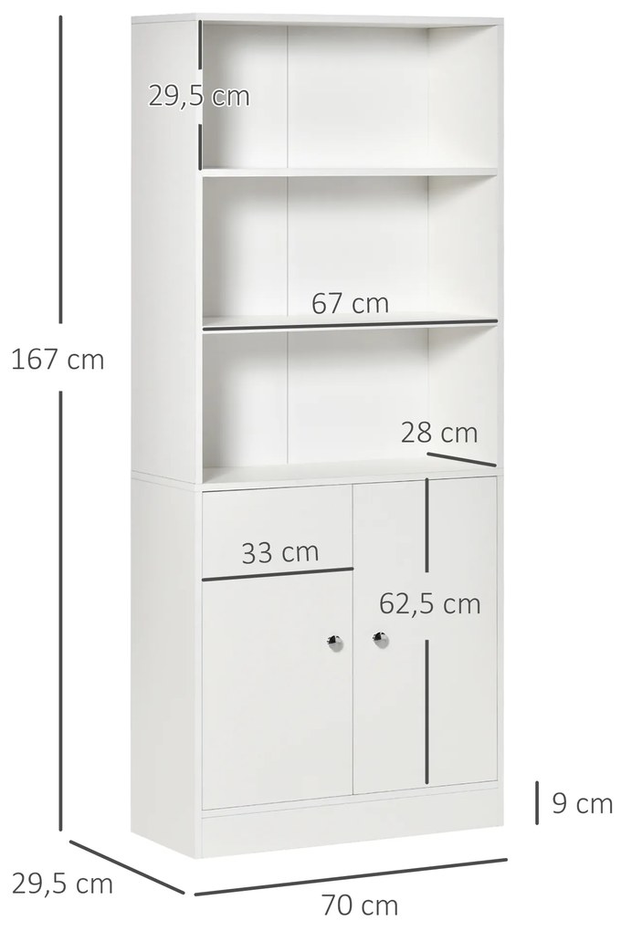 Estante para Livros com 3 Compartimentos Abertos e 1 Armário com Prateleira Ajustável Armazenamento para Sala de Estar Escritório 70x29,5x167 Branco