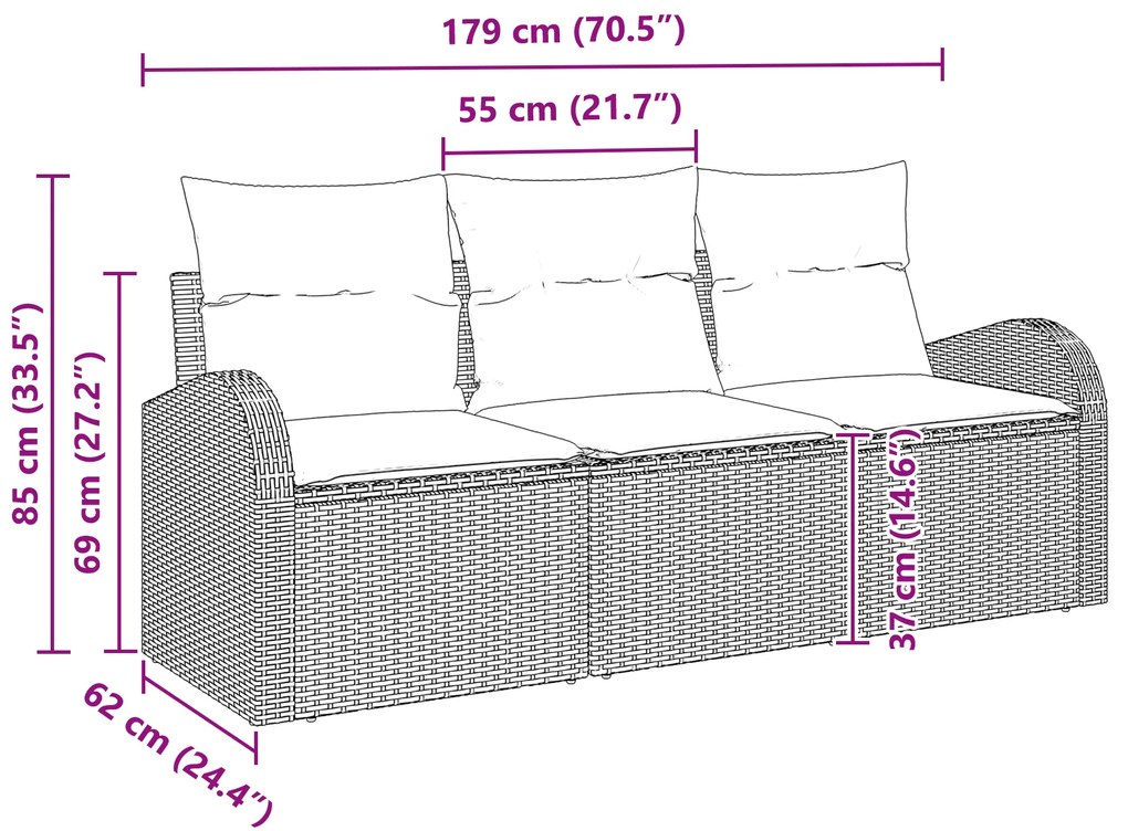 Conjunto de Sofá de Jardim de 3 Peças com Almofadas Bege Polirattan