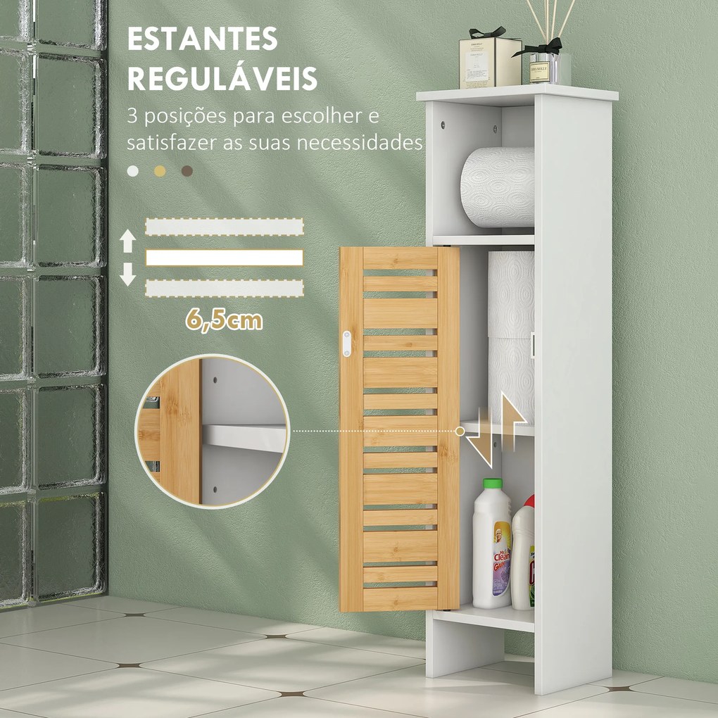 Coluna Casa de Banho Pequena Moderna Móvel Auxiliar Casa de Banho com Suporte para Papel Higiénico 21x17x78 cm Branco e Madeira