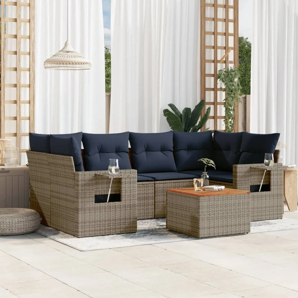 vidaXL 7 pcs conjunto sofás p/ jardim c/ almofadões vime PE cinzento