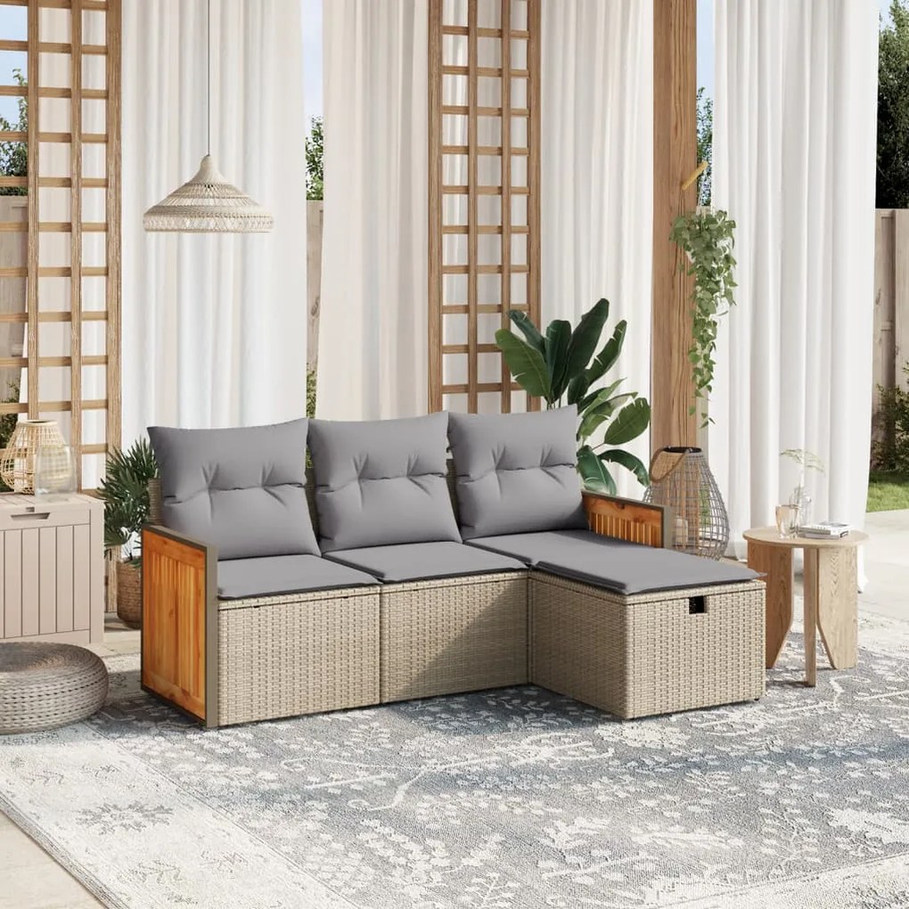 4 pcs conj. sofás jardim c/ almofadões vime PE bege misturado