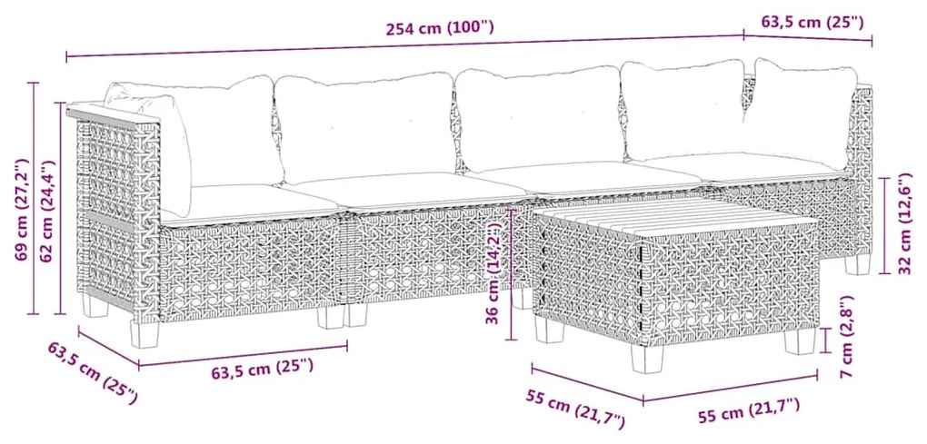 5 pcs conjunto de sofás p/ jardim com almofadões vime PE bege