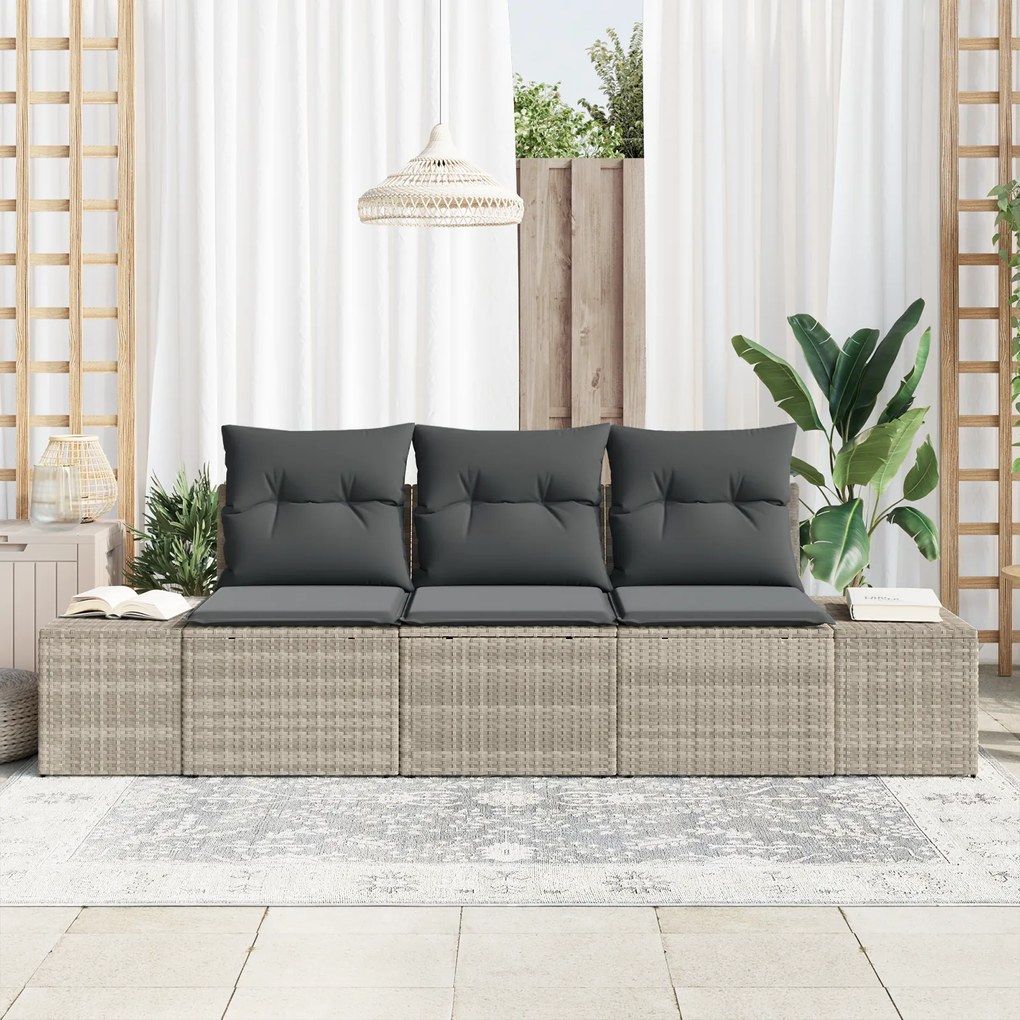 Conjunto de Sofá de Jardim de 3 Peças com Almofadas Cinza Claro Vime P