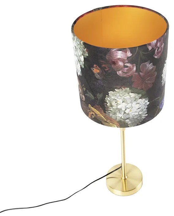 Candeeiro de mesa dourado/latão com abajur de veludo flores 25 cm - Parte Clássico / Antigo