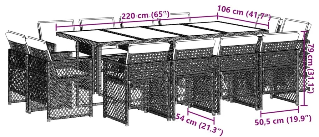 13 pcs conjunto de jantar p/ jardim com almofadões vime PE bege
