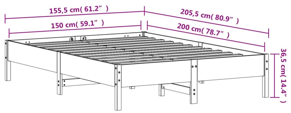 Cama sem colchão 150x200 cm madeira de pinho maciça branco