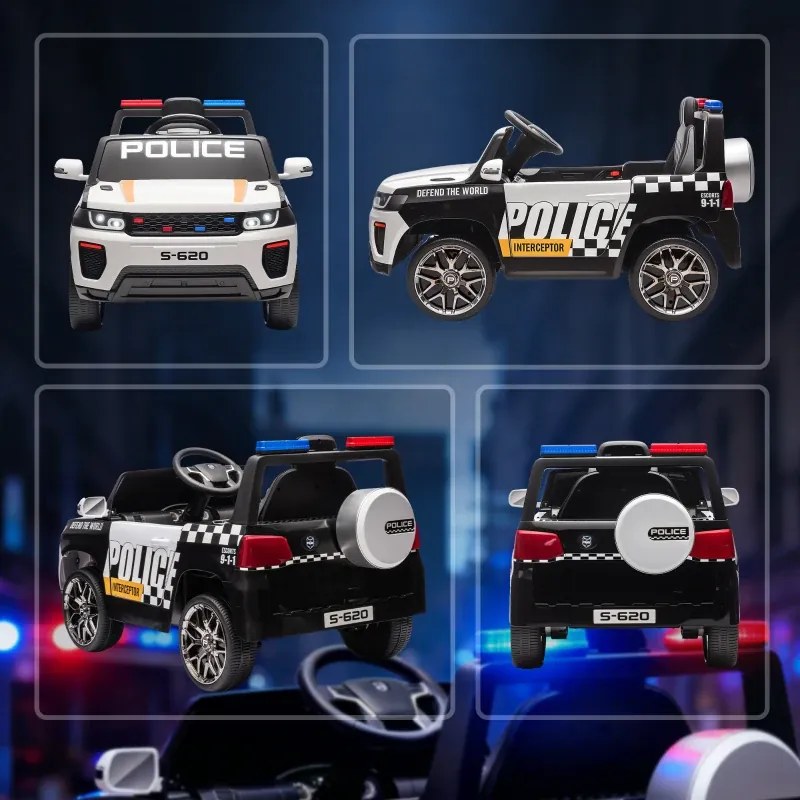 Carro Elétrico para Crianças de Polícia 12V com Motor Duplo Suspensão em 4 Rodas Sirene Faróis LED Porta USB Bluetooth e Música Branco