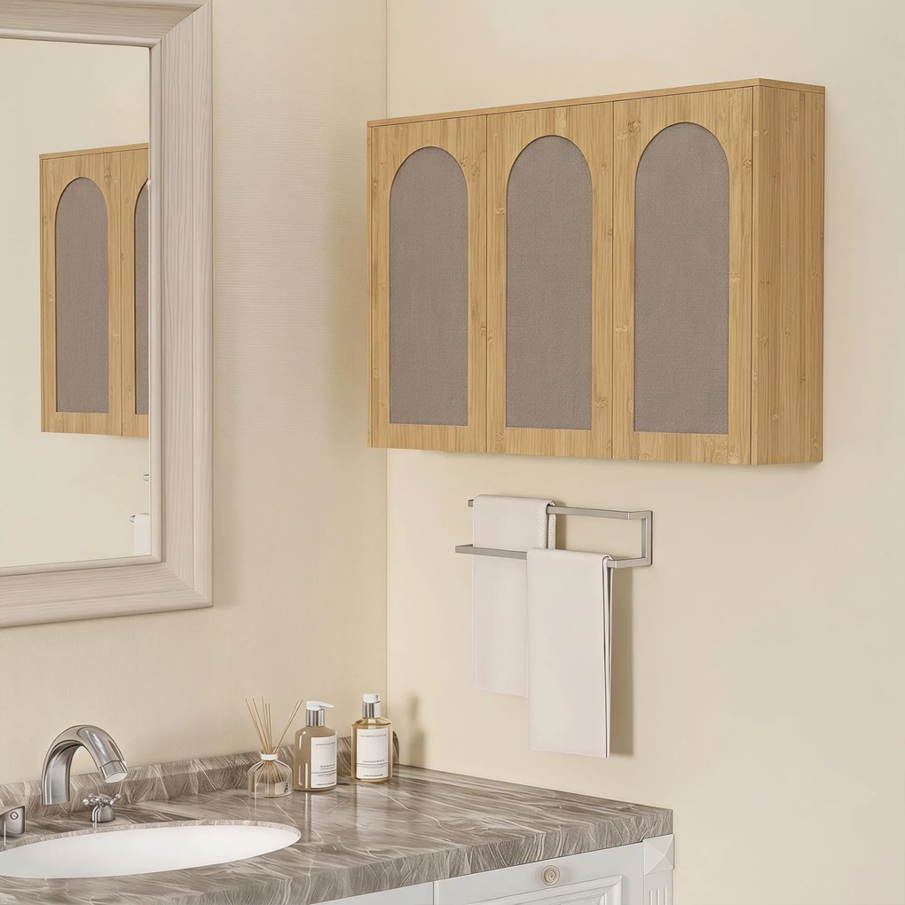 Armário de parede para casa de banho de estilo boémio 88,5 (L) x 30 (P) x 60 (A) cm com 3 portas com efeito de vime e fecho suave e prateleira ajustáv