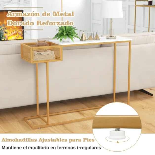 Mesa de consola de mármore falso com estrutura de metal retangular com cesta de arame para sala de estar 110 x 30 x 80 cm dourada