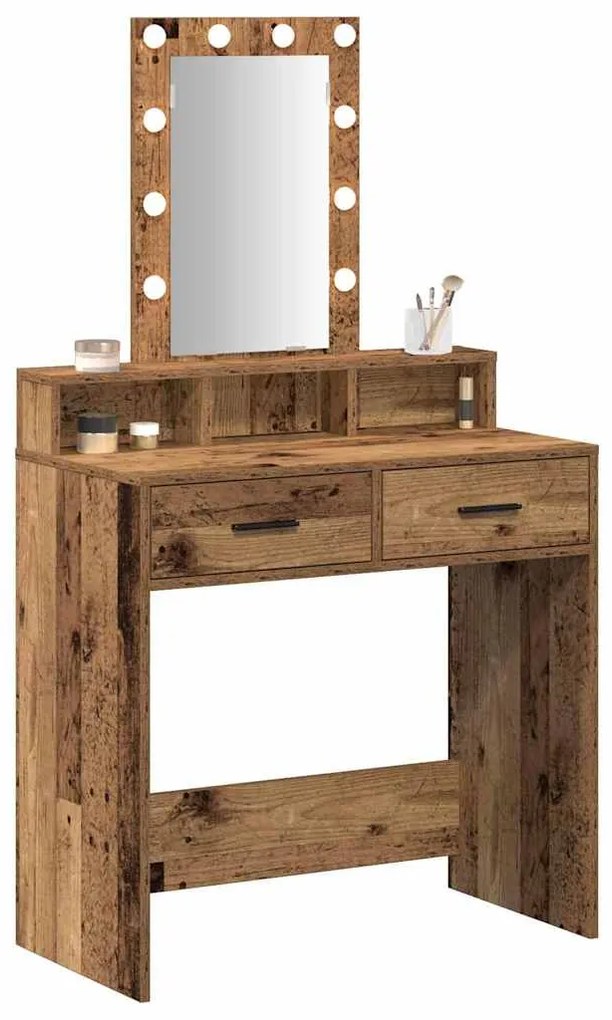 Mesa de Maquilhagem com Luzes LED - Estilo Madeira Vintage, 79x41x140