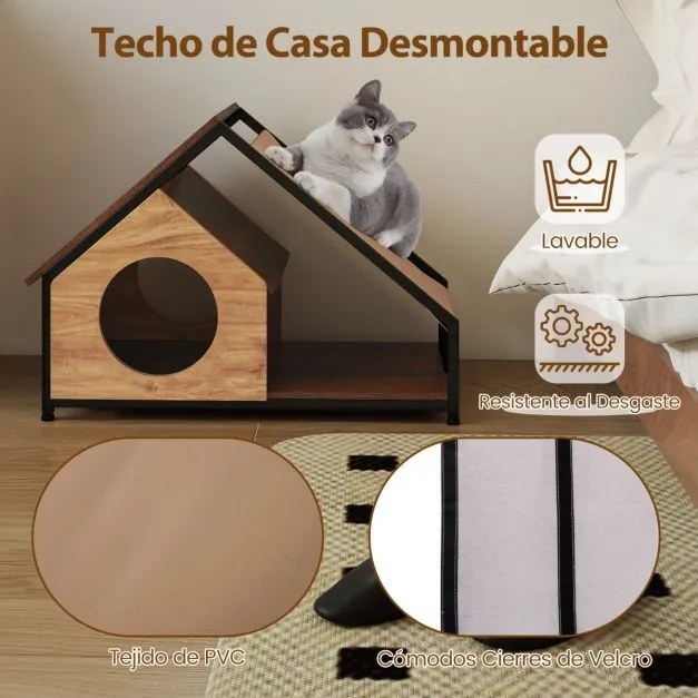Casa de madeira para gatos de interior 84 x 43 x 58,5 cm com varanda Telhado inclinado removível e estrutura metálica Castanho