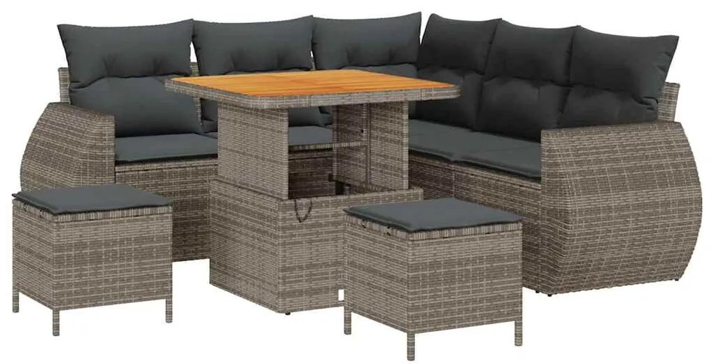Conjunto de sofá de jardim com 8 peças e almofadas em cinza, feito de