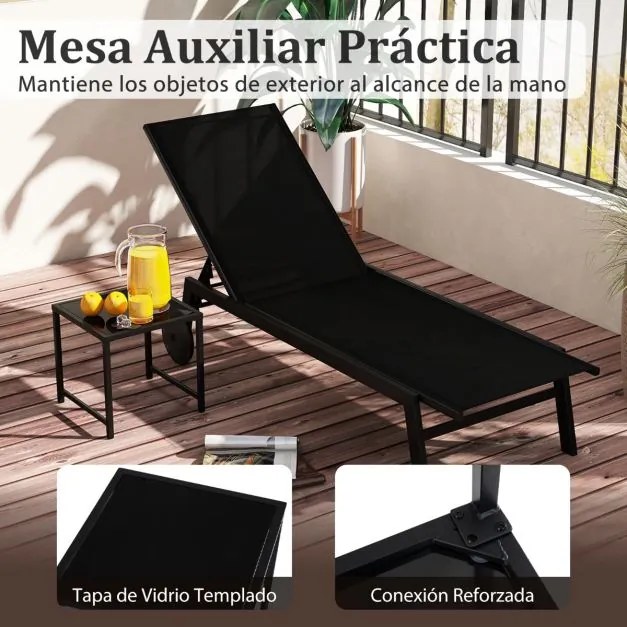 Conjunto de Espreguiçadeira jardim e Mesa de vidro temperado com Encosto ajustável com Rodas para jardim e exterior Preto