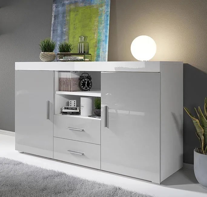 Aparador Manvy – 140x40x82 cm – Branco Brilhante e Cinzento – 2 Portas