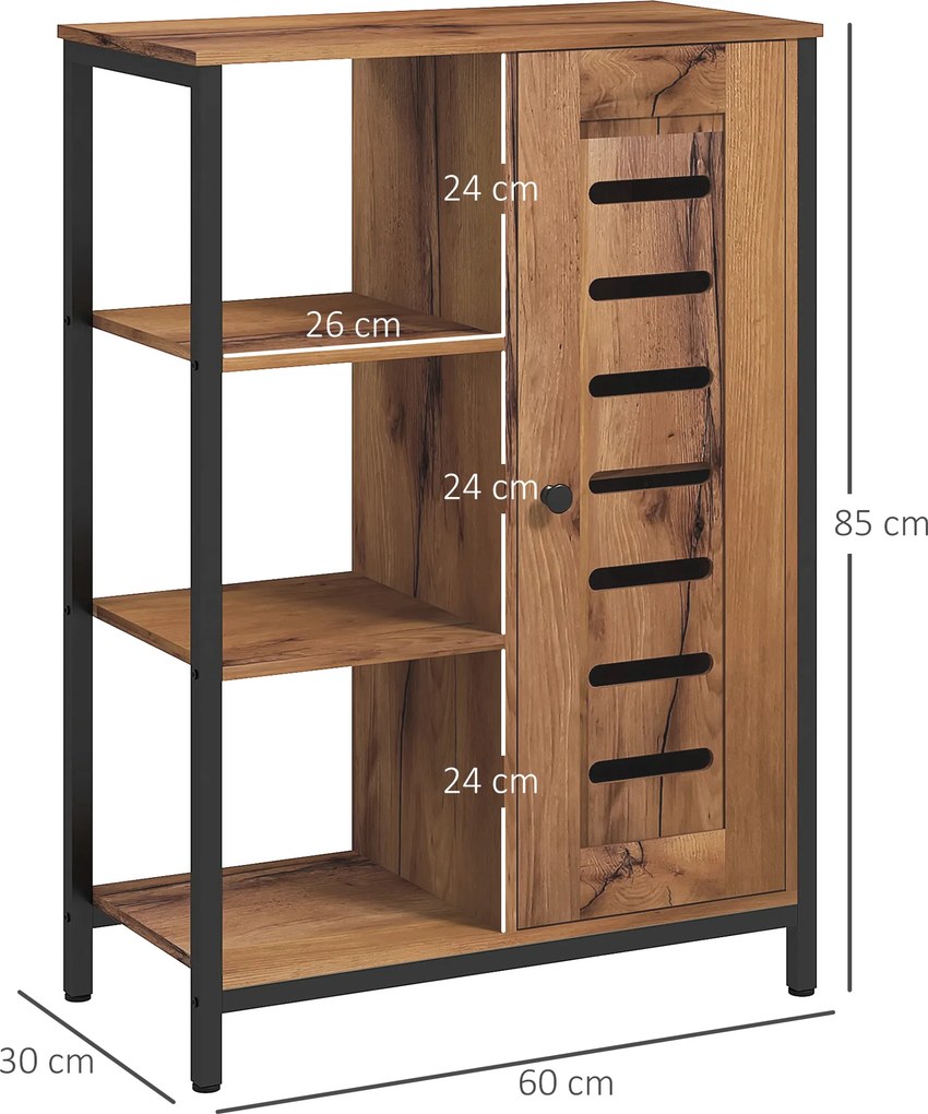 Móvel Auxiliar Casa de Banho com Porta de Ripas 3 Compartimentos Abertos Prateleira Ajustável 60x30x85 cm Castanho Rústico