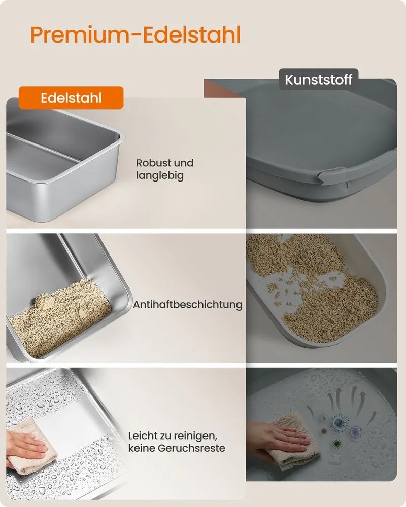 Caixa de areia para Gatos 62 x 42 x 30 cm em aço inoxidável com borda alta e acessórios cinzento