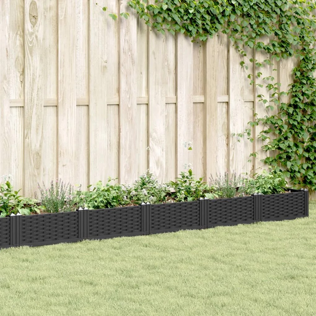 vidaXL Vaso/floreira de jardim c/ estacas 362,5x42,5x28,5 cm PP preto