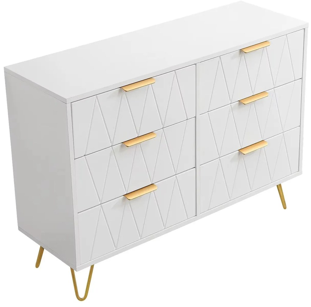 Cómoda com 6 Gavetas – Faro – 100x34x58 cm – Branco e Dourado - Design