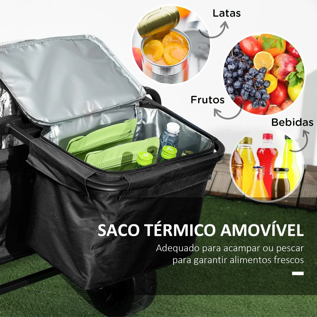 Carrinho de Transporte Dobrável com Bolsa Térmica Removível Capacidade 100 kg para Campismo Praia 113x57x77-100 cm Preto