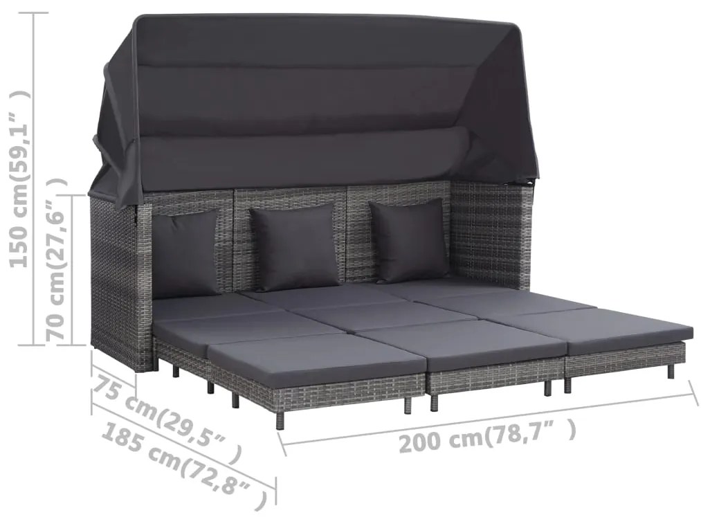 Espreguiçadeira extensível 3 lugares com toldo vime PE cinzento