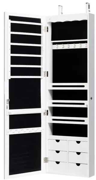Armário para joias com espelho, iluminação LED, fechadura para montar na porta ou na parede, 36,5 x 11,5 x 120 cm Branco