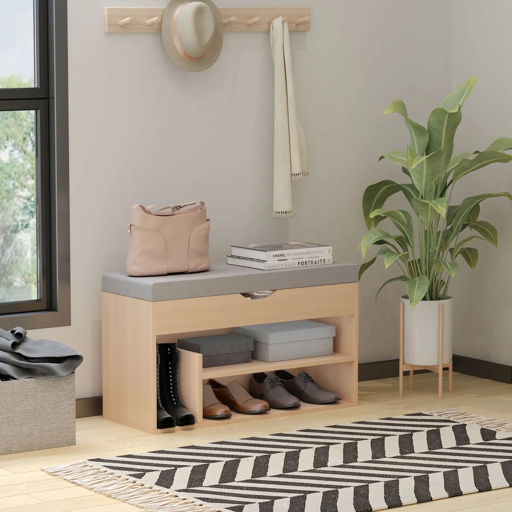 Banco para sapatos com 2 níveis de arrumação 80 (L) x 30 (P) x 48 (A) cm, compartimentos abertos + baú integrado com almofada bege-cinzenta