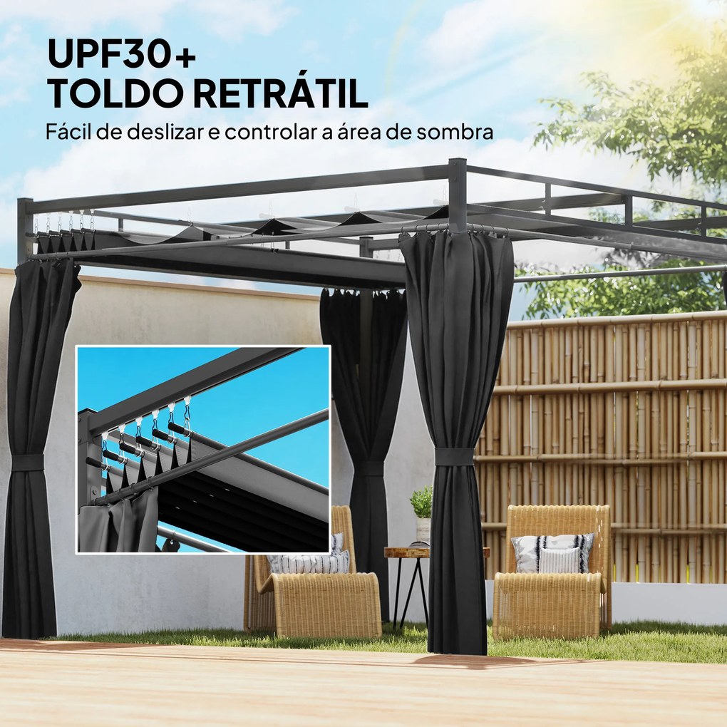 Pérgola de Jardim 295x295x221 cm com Teto Retrátil e Cortinas UPF30+ Estrutura Metálica Pérgola para Exterior Cinzento Escuro