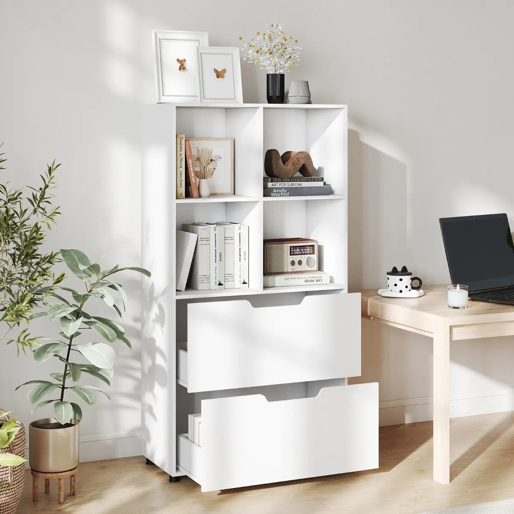 Estante de 4 cubos 70 x 33,5 x 130 cm com 2 gavetas de 5 níveis Design moderno em madeira para sala ou escritório Branco