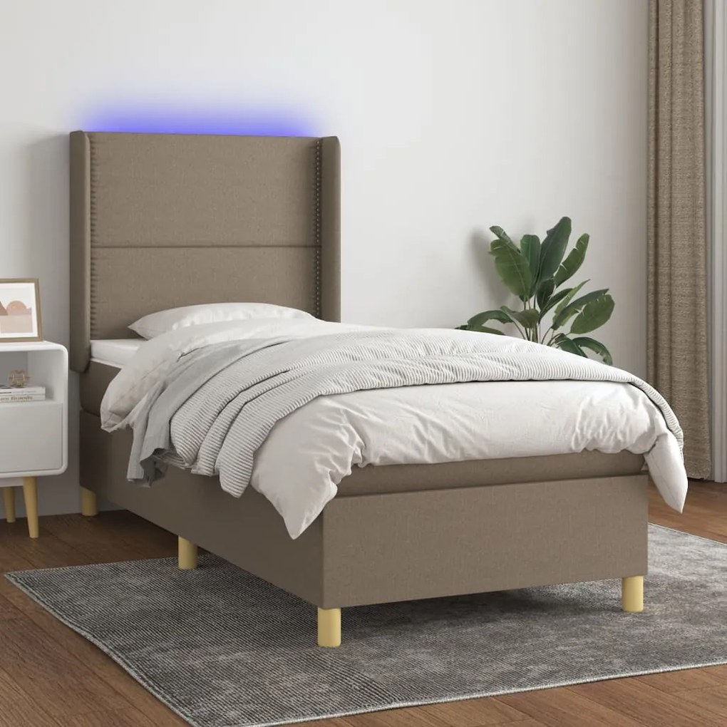 Cama box spring c/ colchão/LED 90x200 cm tecido castanho-escuro