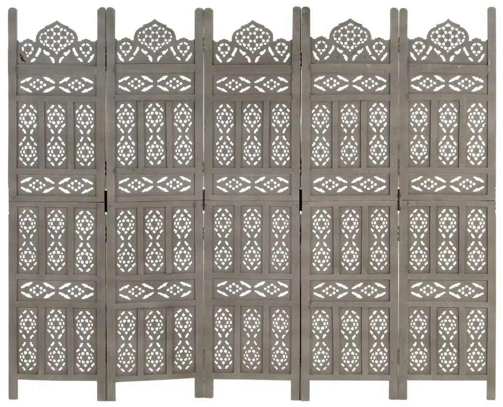 Biombo esculp mão 5 painéis 200x165cm mangueira maciça cinzento