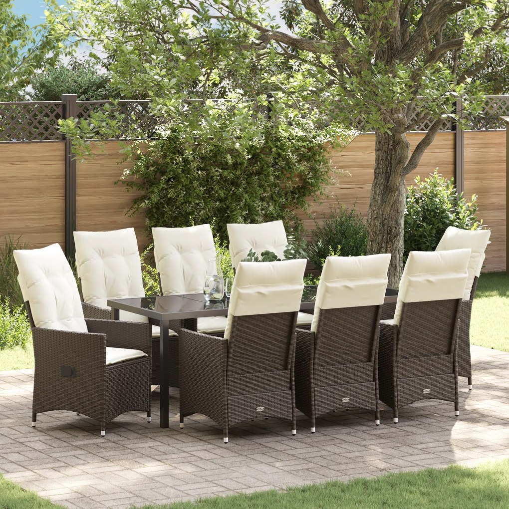 vidaXL Conjunto de Jantar de Jardim de 9 Peças com Almofadas Castanho em Rattan Sintético