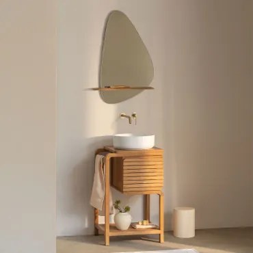 Conjunto De Móvel De Casa De Banho Em Madeira De Teca Bradley Cerâmica Redonda Branca Ø40 Cm Lenka & Dourado Escovado, Embutido, Com Válvula De Escoam