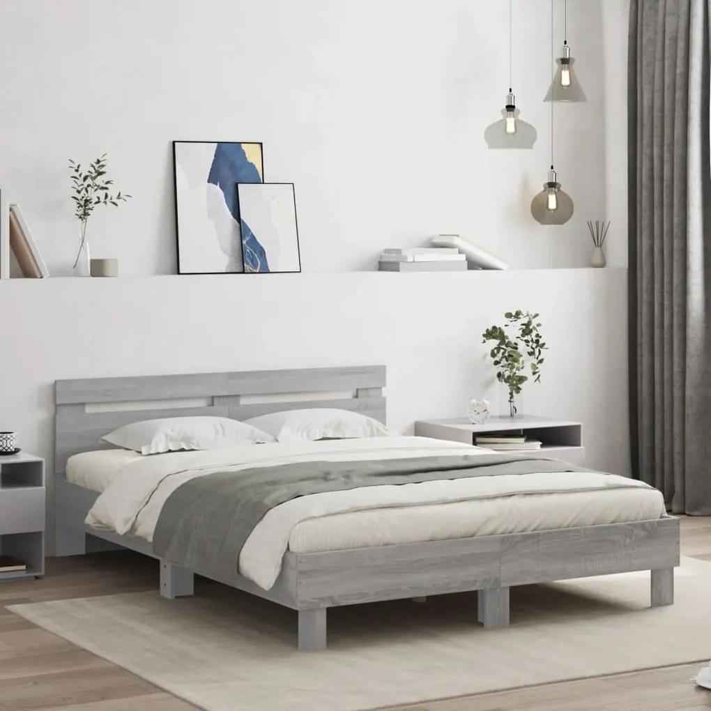 vidaXL Estrutura cama c/ cabeceira/luzes LED 140x190cm cinzento sonoma