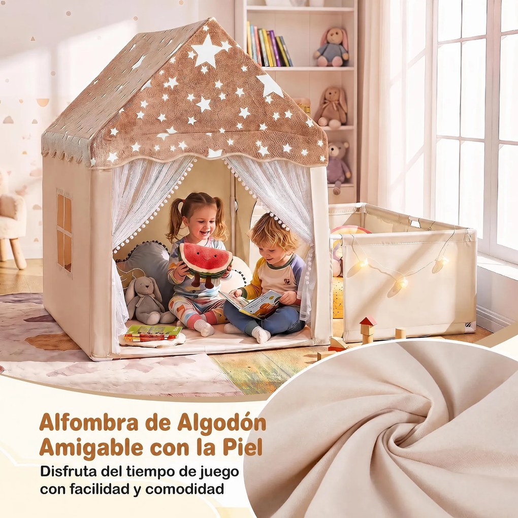 Casa de Jogos Infantil 2 em 1, 169 x 120 x 136 cm, Luzes Estreladas, Bege