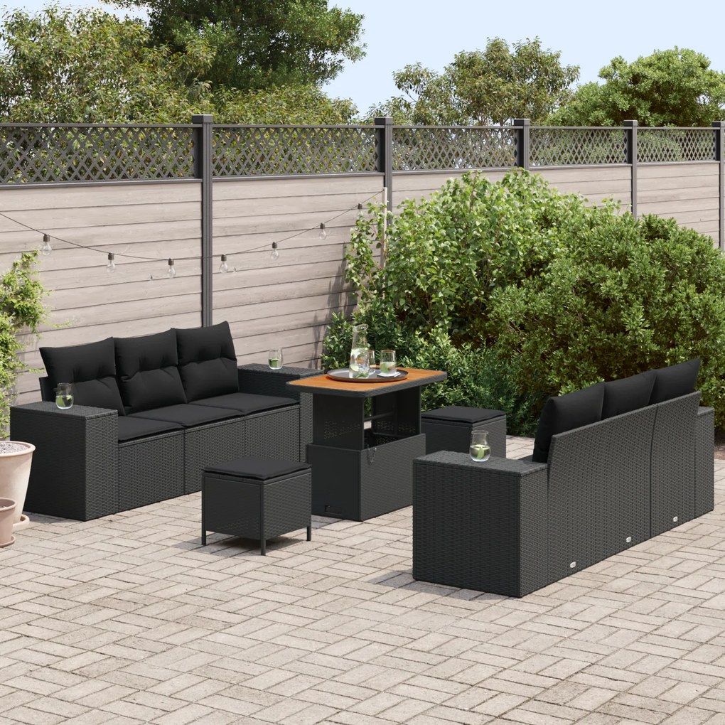 Conjunto de Sofá de Jardim de 9 Peças com Almofadas de Rattan Poliamid
