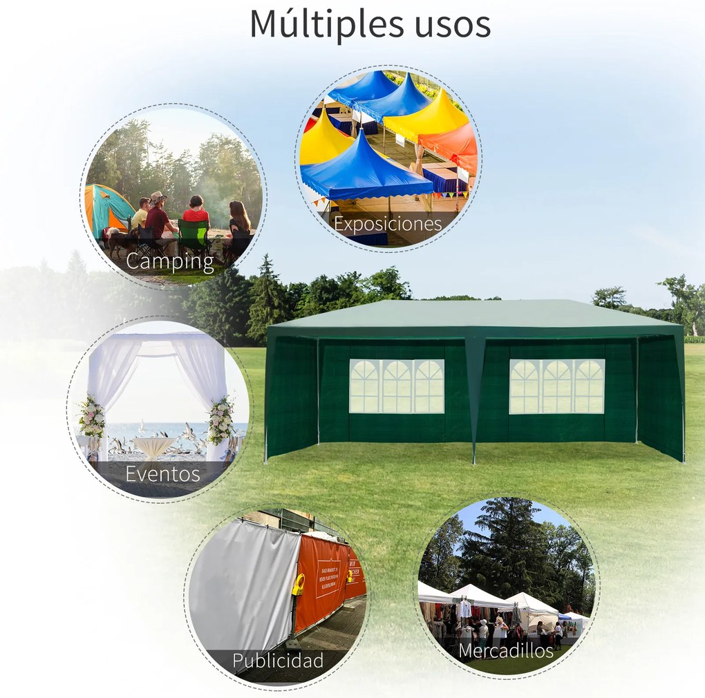 Outsunny Tenda para Festas 5,83x2,95x5,55m com 4 Paredes Laterais e 2 Janelas Tenda de Exterior com Estrutura de Aço para Festas Eventos Casamentos Verde