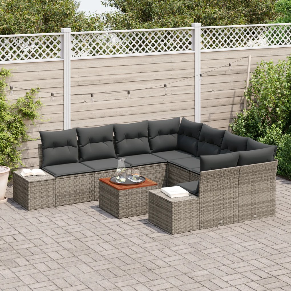 Conjunto de Sofá de Jardim 9 Peças com Almofadas Cinzas