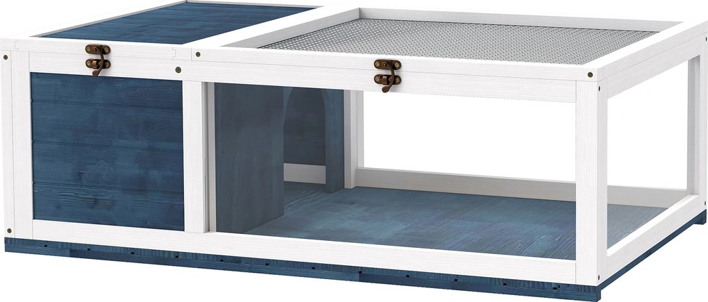 PawHut Casa para tartarugas em madeira Recinto para tartarugas com casas principais tampa rebatível 91x60,5x32 cm, Azul | Aosom Portugal