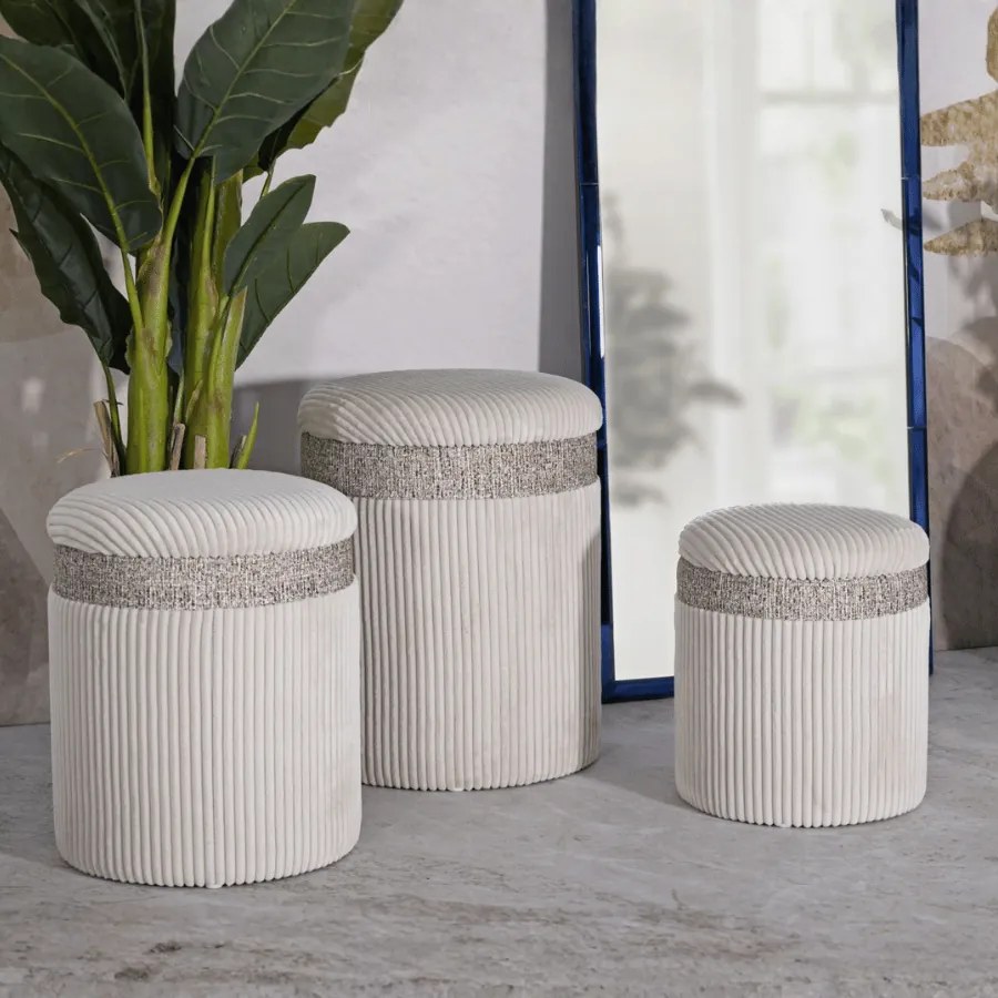 PUFE COM ARMAZENAMENTO 3 PEÇAS Ø 40,5x49,5-35x42-31x38 CM CREME