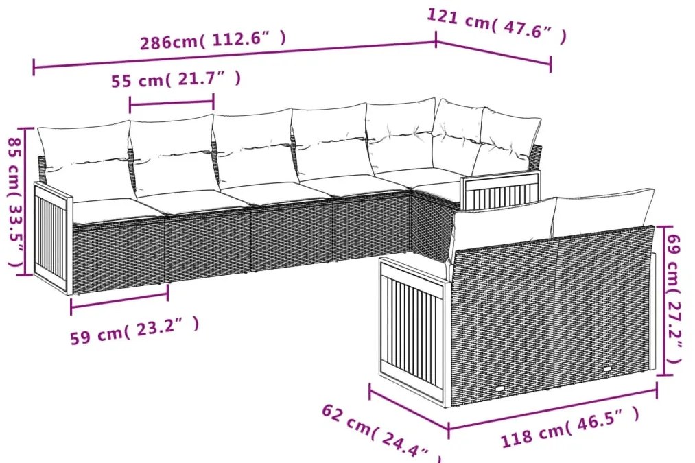 8 pcs conjunto sofás de jardim com almofadões vime PE preto